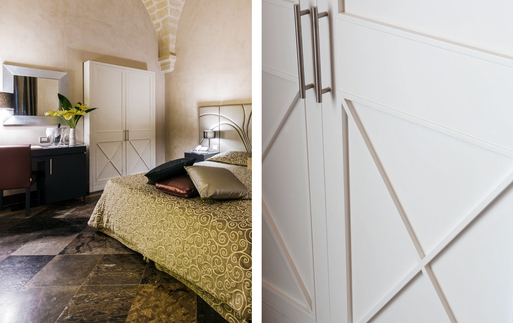 Une chambre de charme avec un grand lit orné de draps à motifs et de plusieurs oreillers. Un ensemble de tables de nuit et une commode assortis renforcent l'impression de luxe, avec un miroir au-dessus de la commode. L'armoire présente un motif en X distinctif sur les portes, présenté dans un gros plan élégant.
