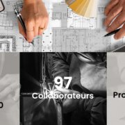 Image montrant deux personnes travaillant sur des plans d'architecture, entourées d'échantillons et de nuanciers. Ci-dessous, trois statistiques sont affichées : « 1253 Projets depuis 1990 », « 97 Collaborateurs » et « 15 Projets en cours ». L'image centrale montre une personne en train de souder.