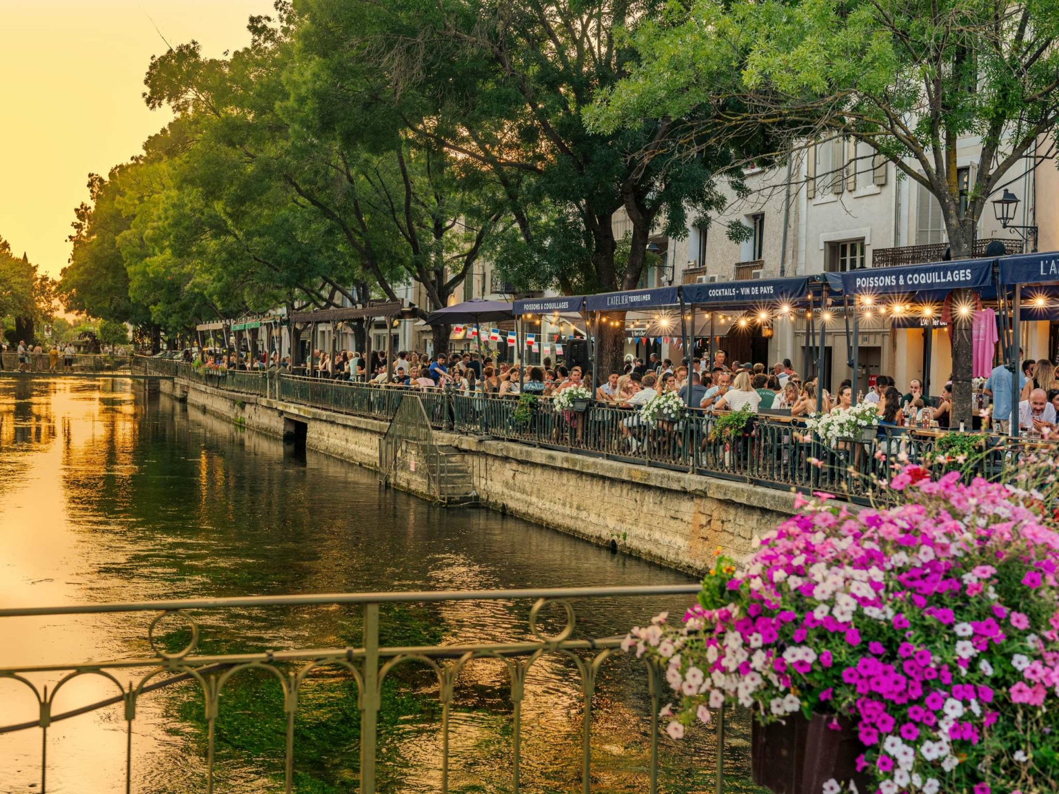 Des cafés en plein air bordent la promenade au bord de la rivière au coucher du soleil près du Dolce by Wyndham Versailles | Domaine du Montcel, avec des dîneurs sous les arbres. Le canal reflète une lumière dorée, tandis que des fleurs roses et blanches égayent une balustrade au premier plan.