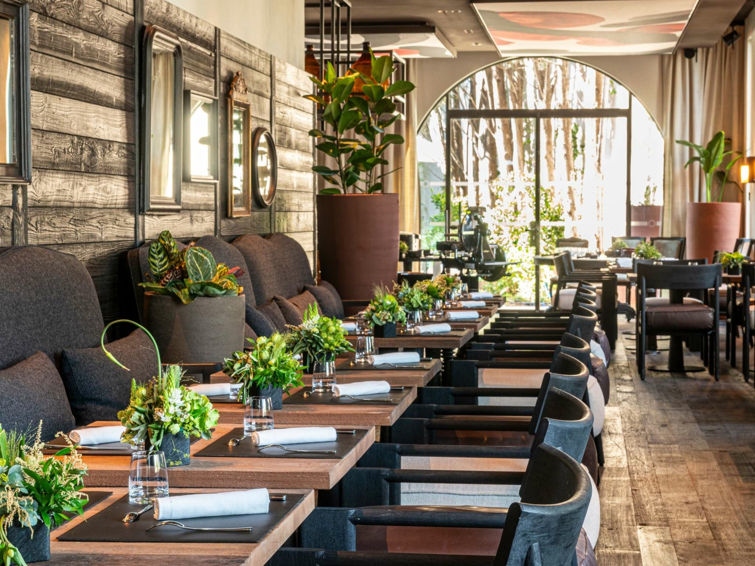 L'intérieur élégant du restaurant Dolce by Wyndham Versailles présente des tables en bois garnies de verres, de serviettes de table et de centres de table en fleurs vertes. Des chaises noires rembourrées bordent les tables, tandis que de grandes fenêtres éclairent l'espace du Domaine du Montcel d'une lumière naturelle et de plantes en pot luxuriantes.