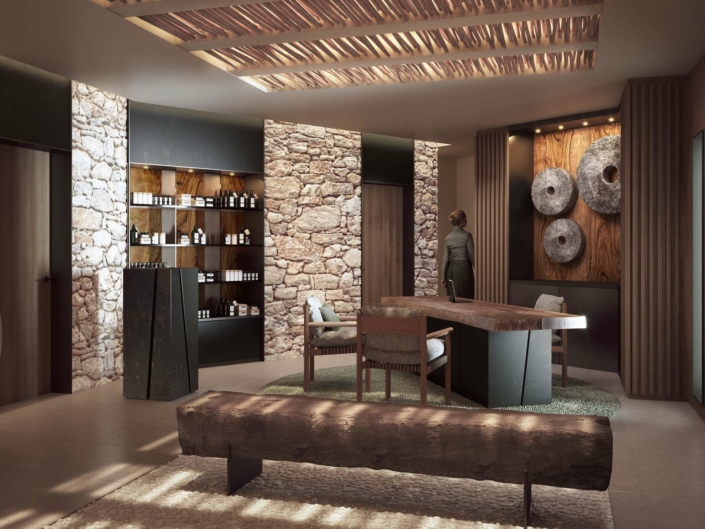 L'intérieur moderne du Dolce by Wyndham Versailles présente des murs en pierre, des poutres en bois, un long banc rustique, des étagères avec des bouteilles, une grande table avec des chaises et des œuvres d'art murales composées de morceaux de pierre ronds du Domaine du Montcel. Un éclairage doux crée une ambiance chaleureuse.