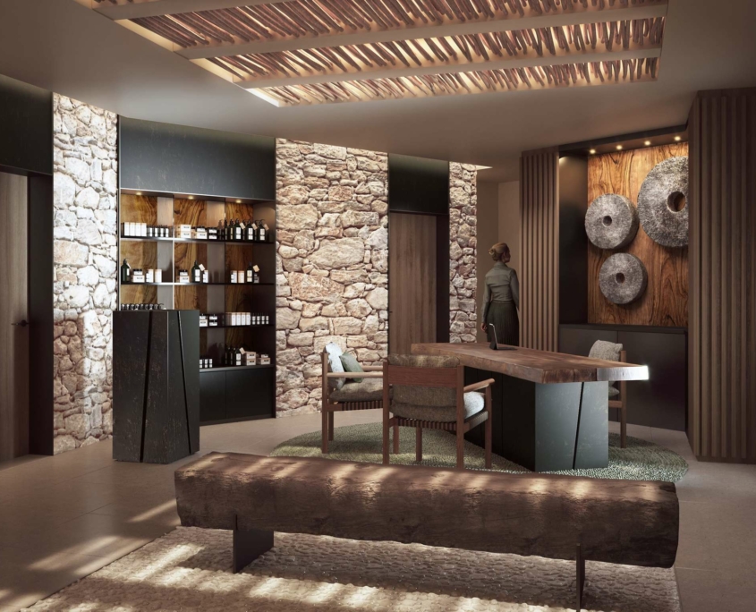 L'intérieur moderne du Dolce by Wyndham Versailles présente des murs en pierre, des poutres en bois, un long banc rustique, des étagères avec des bouteilles, une grande table avec des chaises et des œuvres d'art murales composées de morceaux de pierre ronds du Domaine du Montcel. Un éclairage doux crée une ambiance chaleureuse.