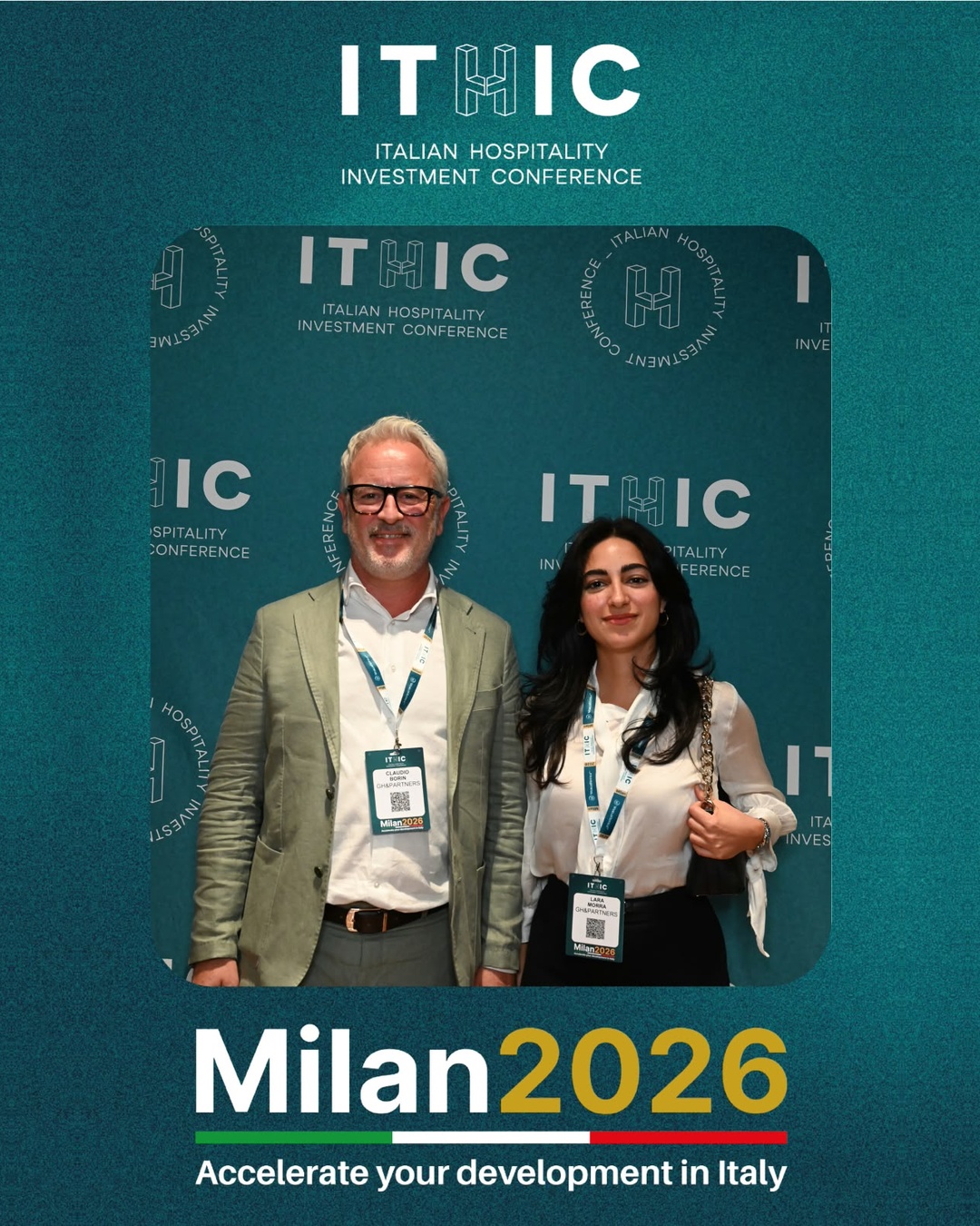 Claudio Borin e Lara Morra di GH & Partners davanti alla parete ITHIC Milano 2026